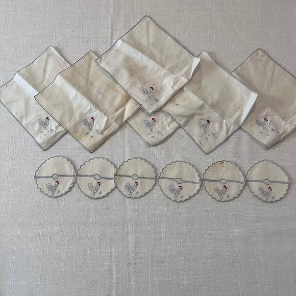 Vintage 1950's Rooster Linen Stemware Coaster Slippers with Napkins (Set of 6) - Picture 12 of 12